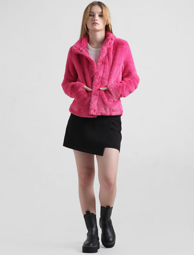 Pink Faux Fur High Neck Jacket