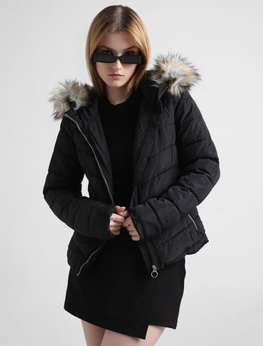 Black Quilted Faux Fur Hood Jacket