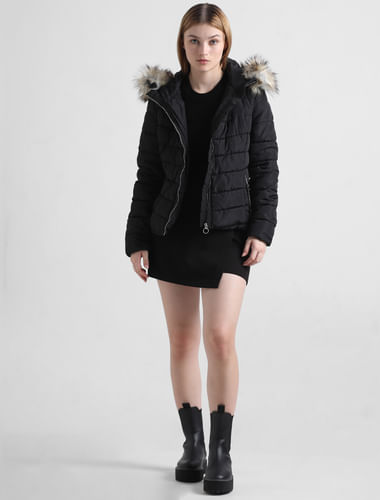 Black Quilted Faux Fur Hood Jacket