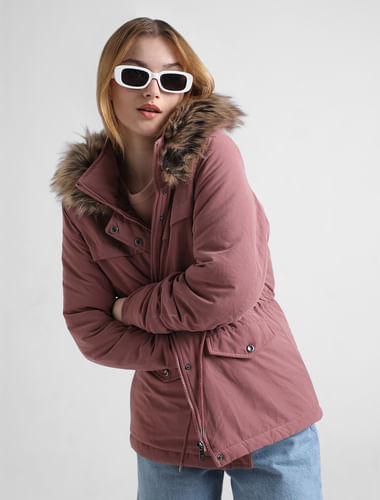 Warm Pink Faux Fur Hood Parka Coat
