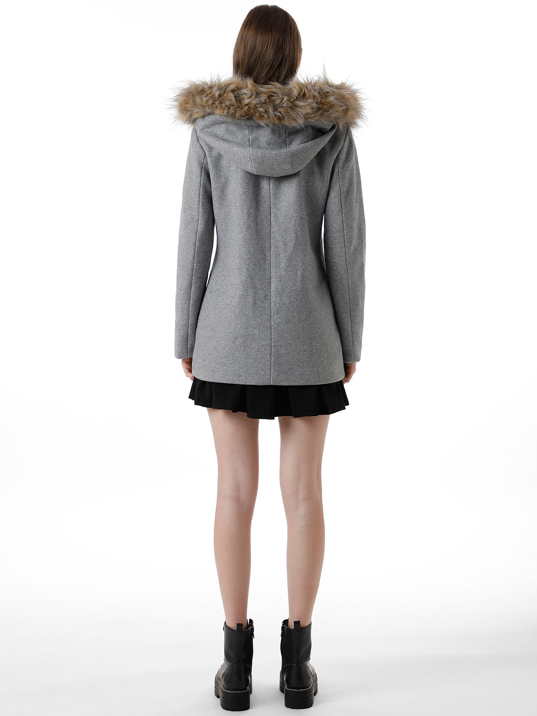 Grey wool coat with fur hood best sale