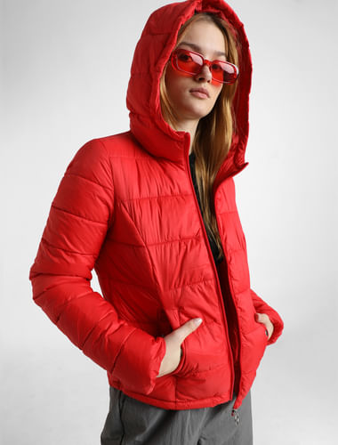 Red Hooded Short Puffer Jacket