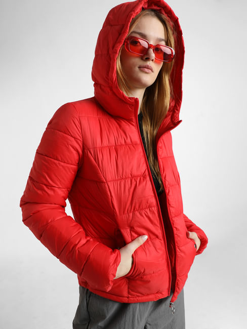 Red Hooded Short Puffer Jacket