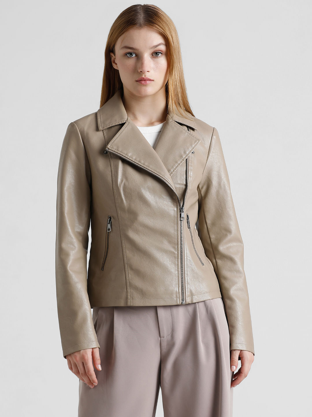 Beige leather biker jacket sale