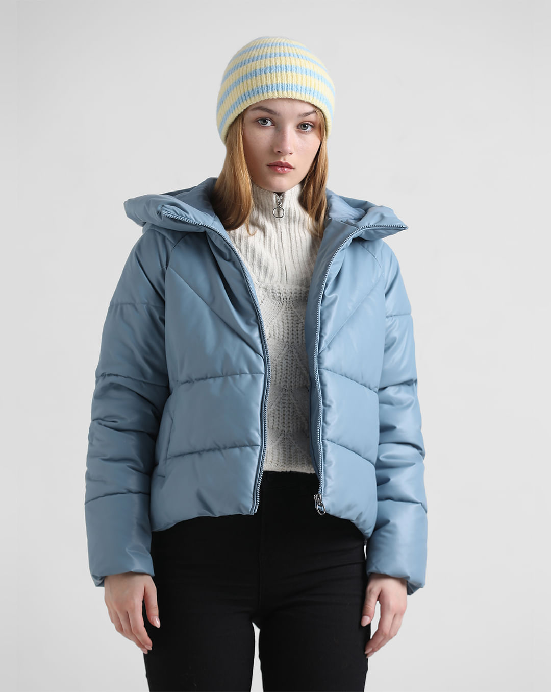Blue Faux Leather Hooded Puffer Jacket