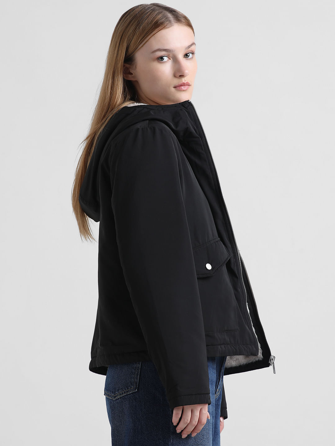 Black Reversible Hooded Winter Jacket|266397202-Black