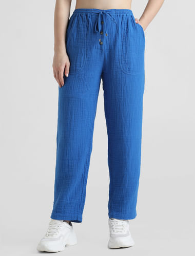 Blue High Rise Crinkled Cotton Pants