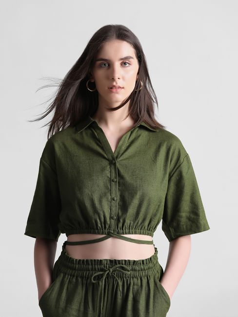 Green Linen Cropped Shirt