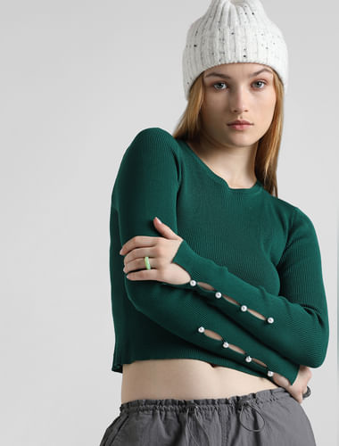 Buy LOOSE FIT GREEN PATTERNED KNIT HOODIE for Women Online in India