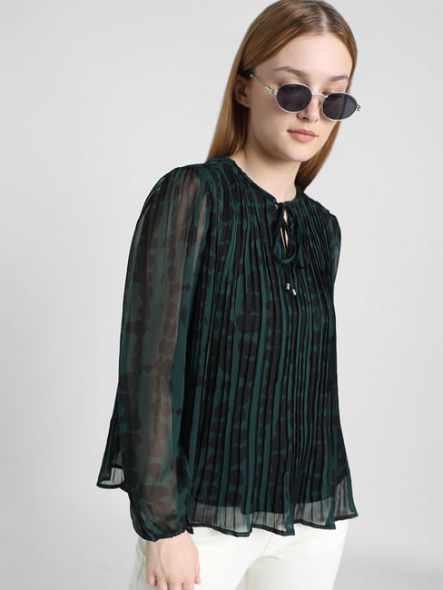 Green Printed Pleated Top