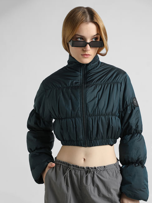 Green High Neck Cropped Puffer Jacket