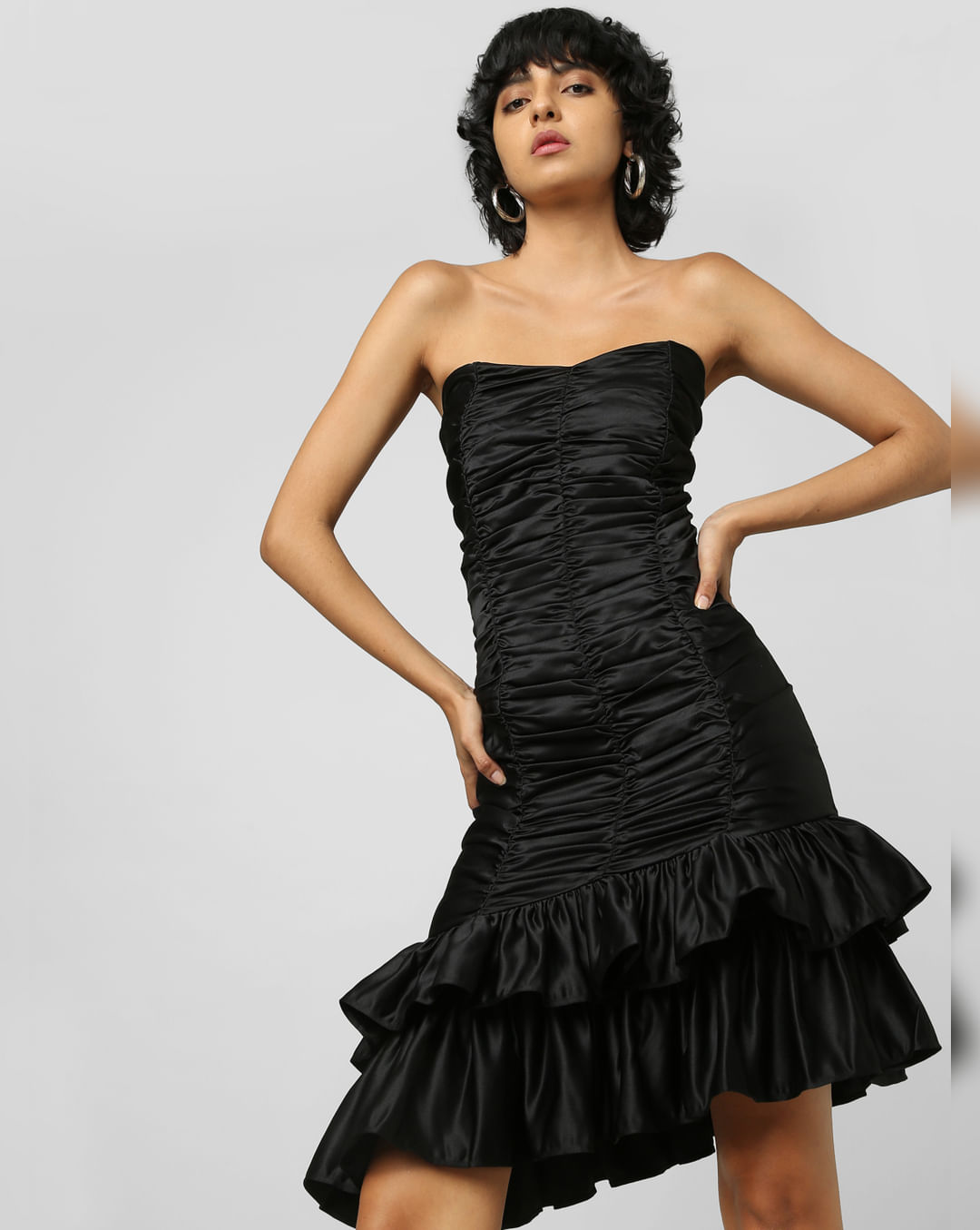 Black Off-Shoulder Draped Satin Dress