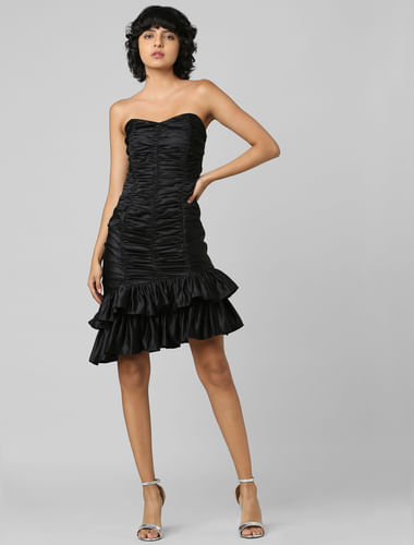 Black Off-Shoulder Draped Satin Dress