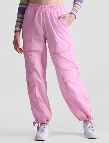 Pink Mid Rise Parachute Cargo Pants