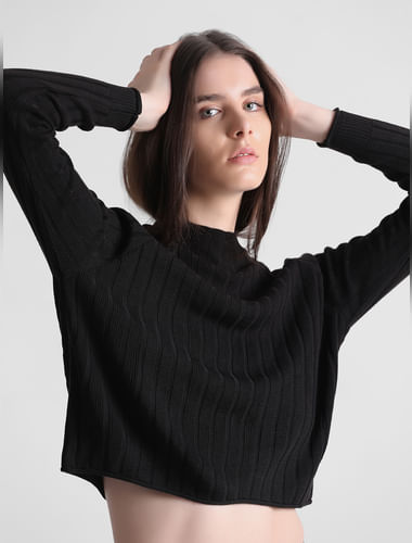 Black Ribbed High Neck Pullover