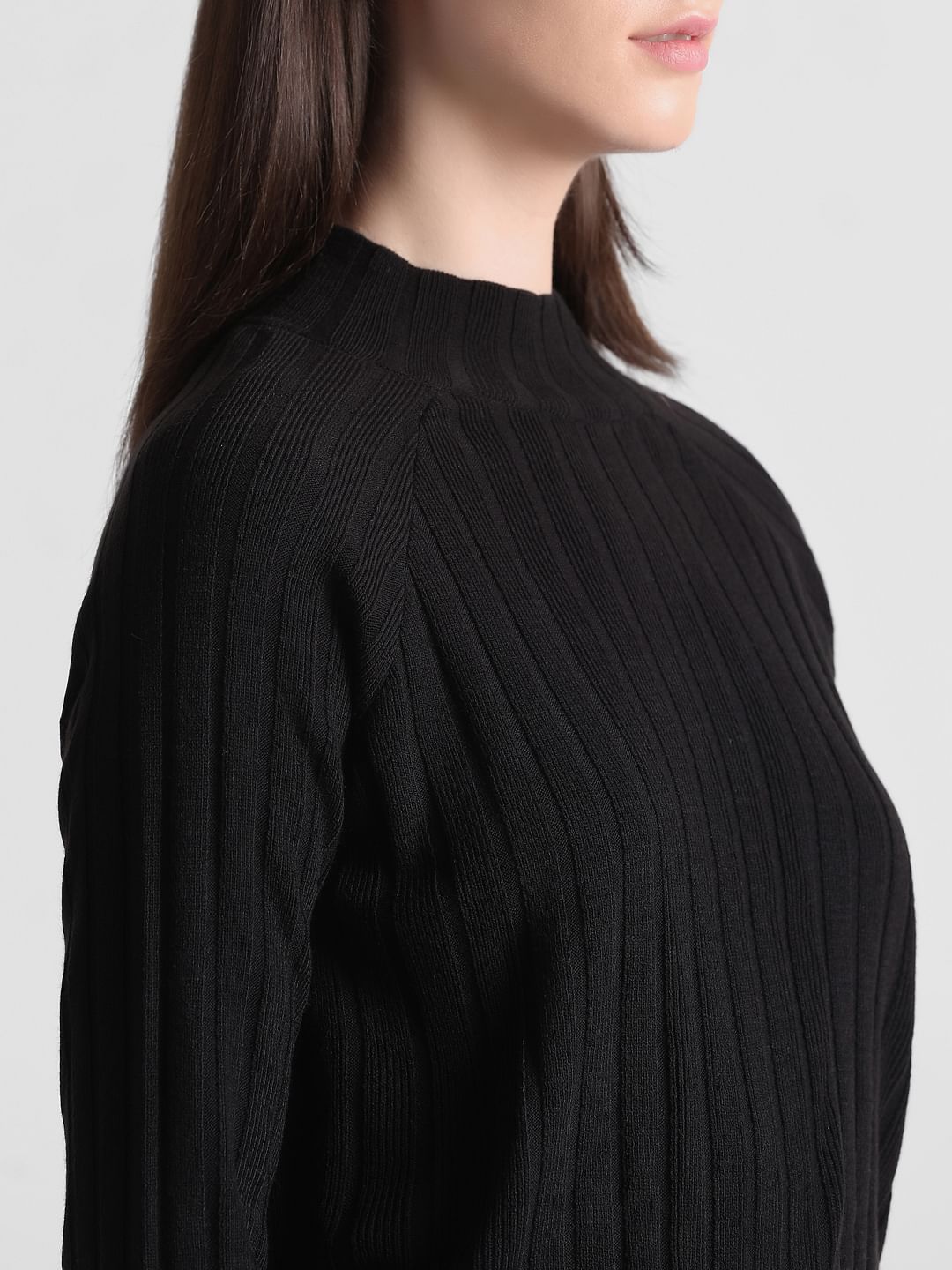 Black Ribbed High Neck Pullover