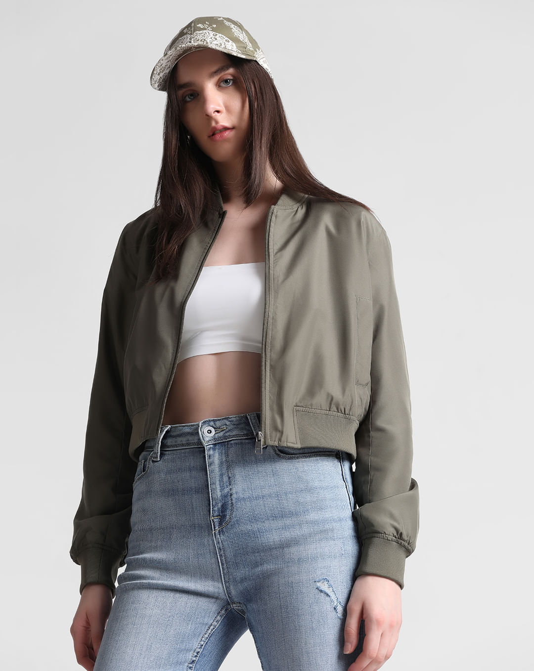 Green Cropped Bomber Jacket