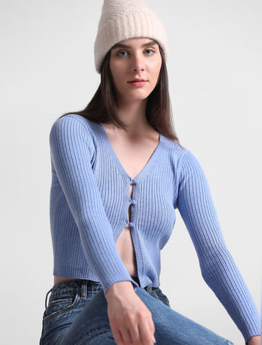 Blue Fitted Cropped Cardigan