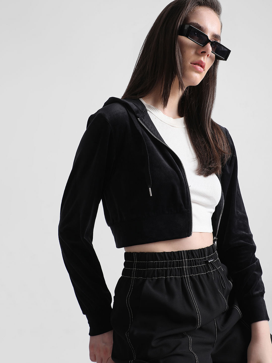 Black Cropped Hooded Sweatshirt