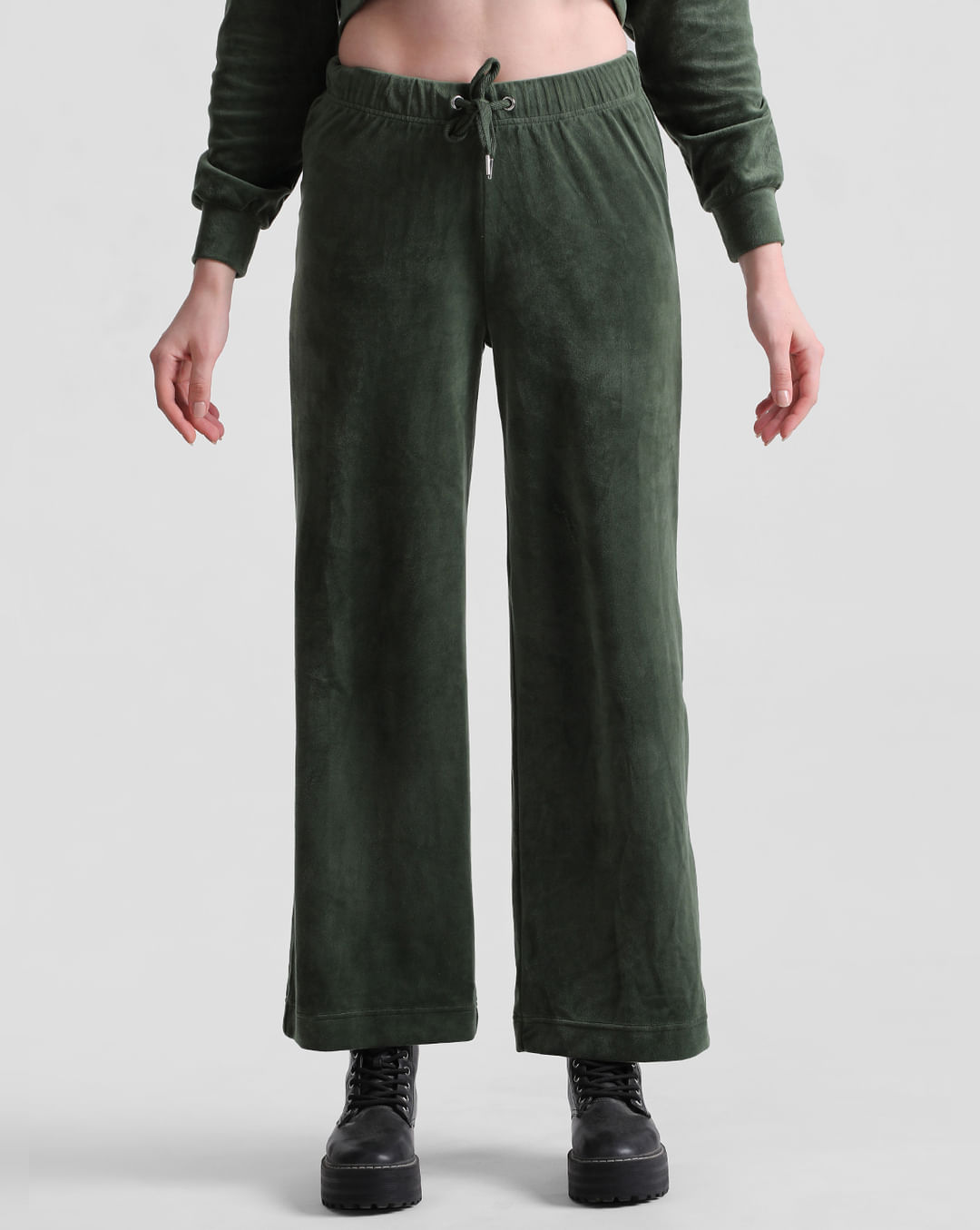 Green Mid Rise Wide Leg Velour Pants|113264001-Duffel-Bag
