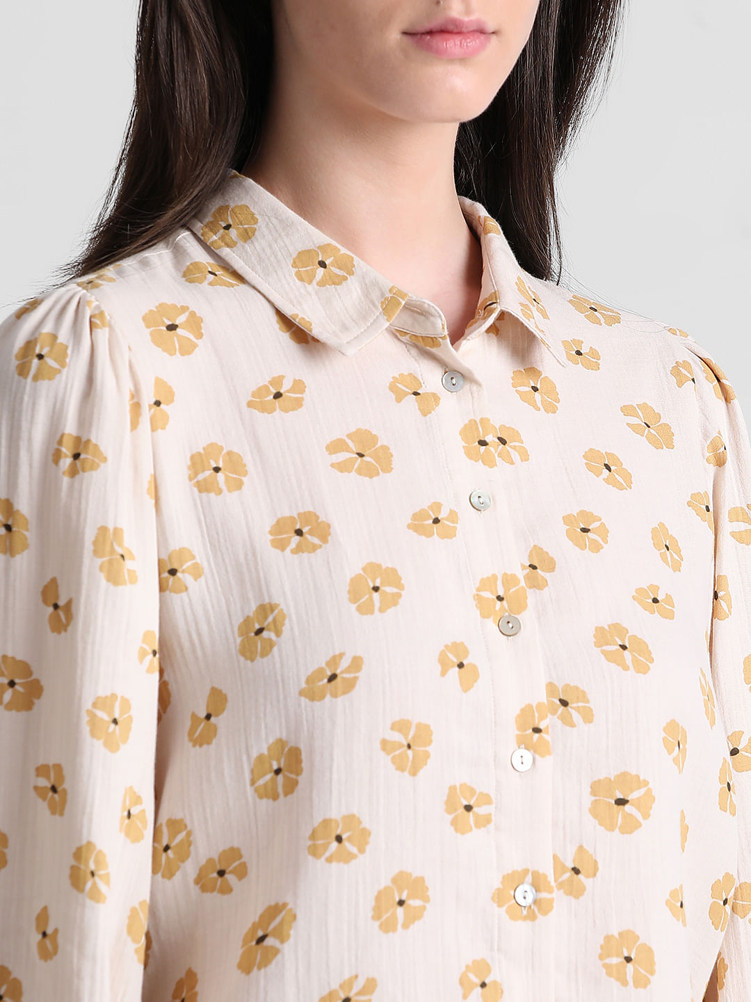 Beige Floral Print Cotton Shirt