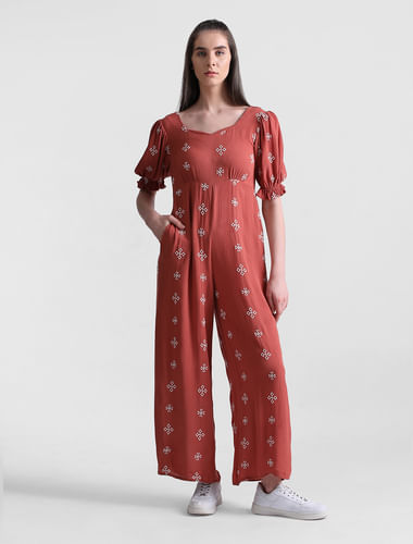 Brown Floral Embroidered Jumpsuit