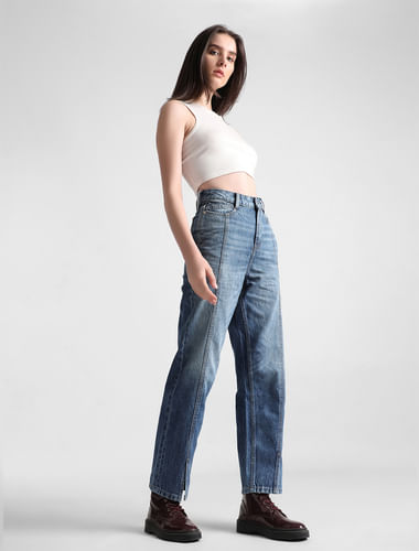 Blue High Rise Slit Straight Fit Jeans