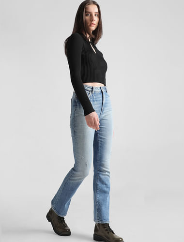 Blue High Rise Distressed Hella Flared Jeans