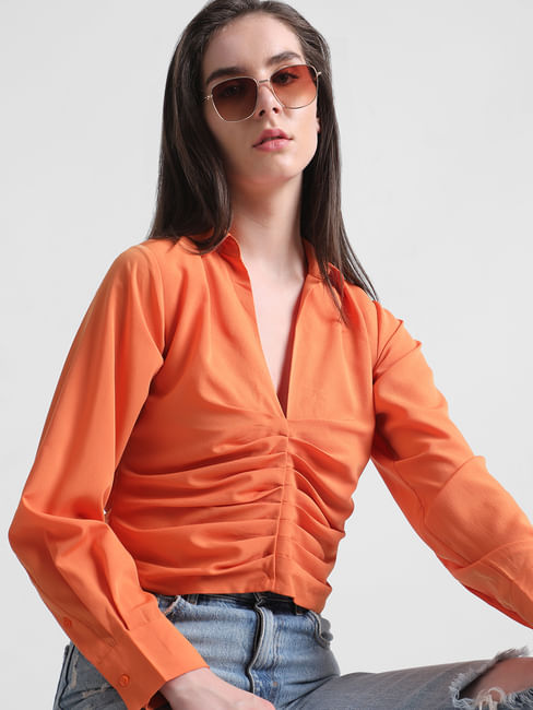Orange Cropped Ruched Shirt