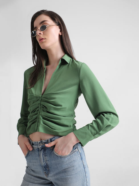 Green Cropped Ruched Shirt