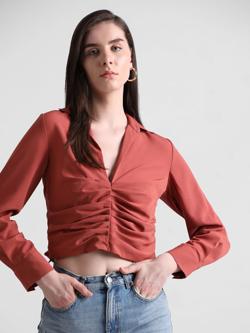 Brown Cropped Ruched Shirt