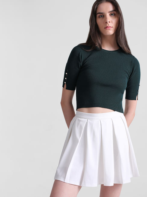 White Mid Rise Pleated Mini Skirt