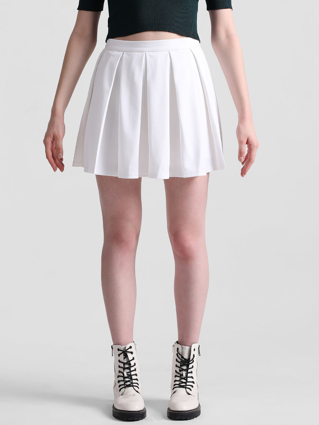 White Mid Rise Pleated Mini Skirt