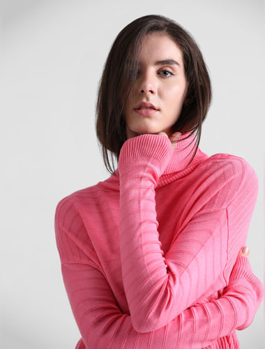 Pink Knitted Roll-Neck Pullover