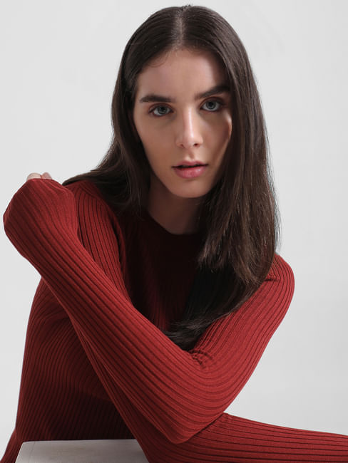 Dark Red Rib Knit Fitted Pullover