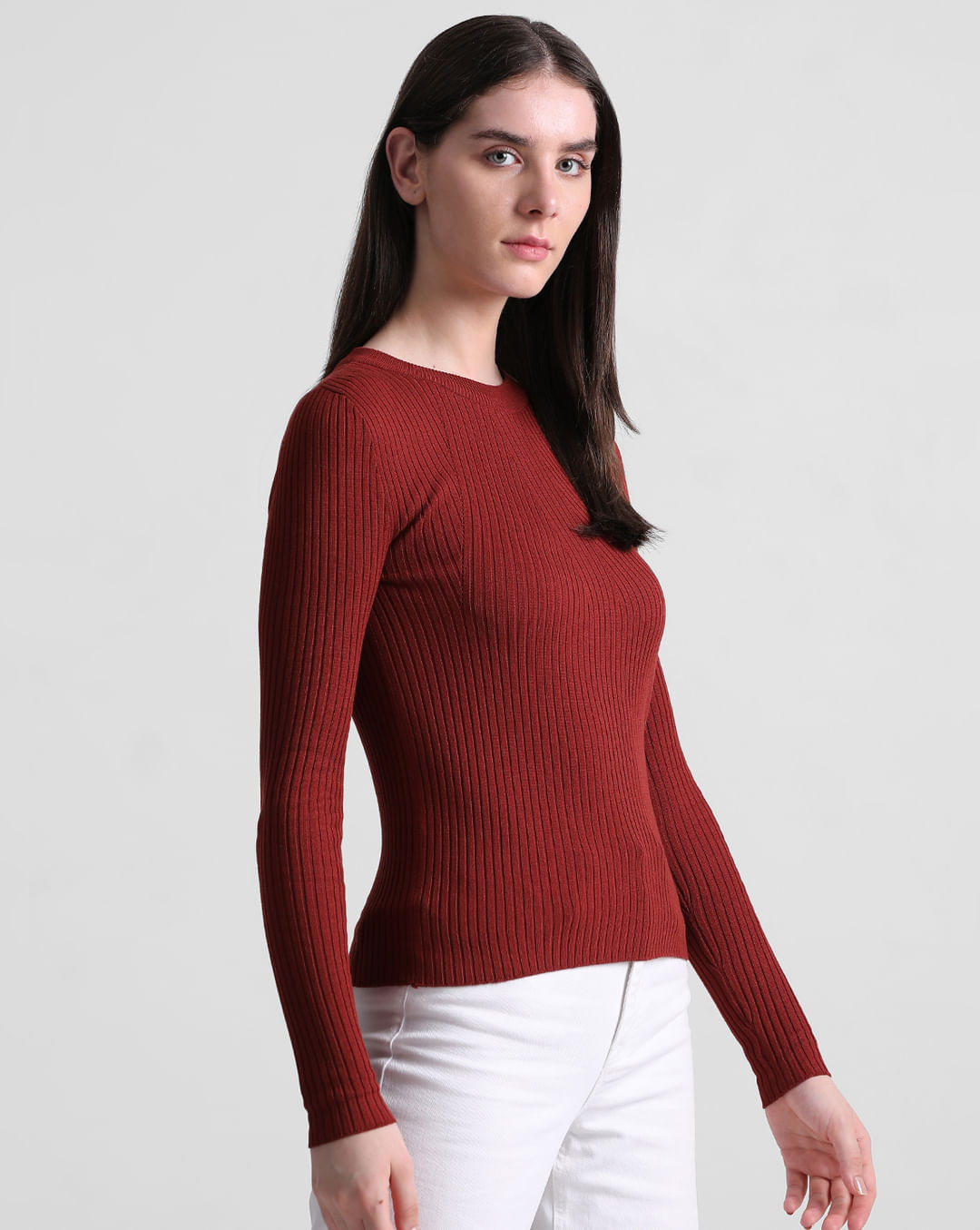 Dark Red Rib Knit Fitted Pullover