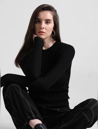 Black Rib Knit Fitted Pullover