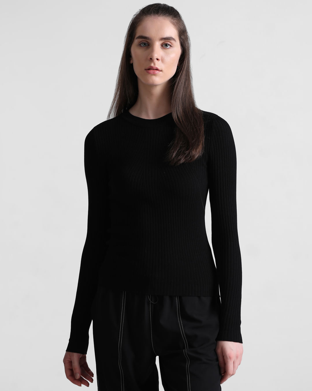 Black Rib Knit Fitted Pullover