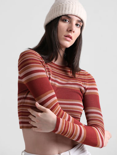 Brown Striped Cropped Pullover