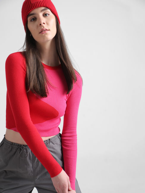 Pink Colourblocked Cropped Pullover