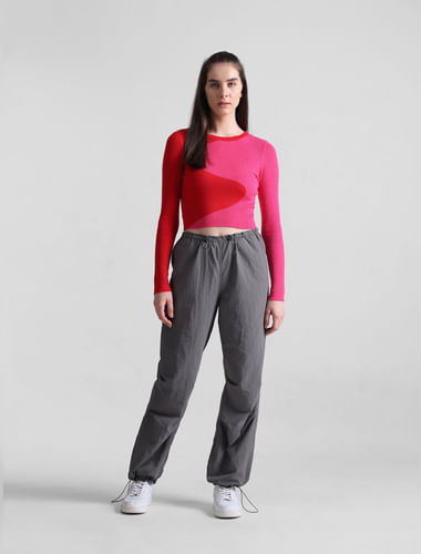 Pink Colourblocked Cropped Pullover