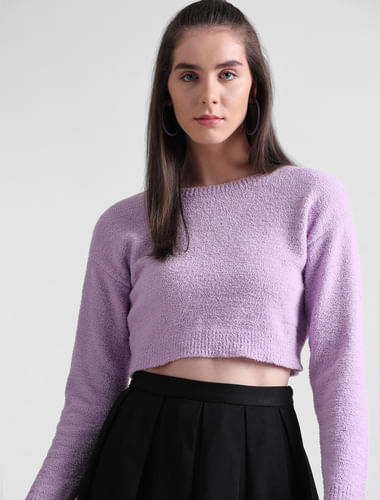 Purple Fluffy Knit Cropped Pullover