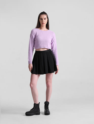Purple Fluffy Knit Cropped Pullover
