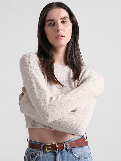 Beige Fluffy Knit Cropped Pullover