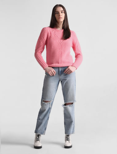 Pink Rib-Knit Pointelle Pullover