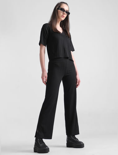Black Mid Rise Knitted Wide Leg Pants