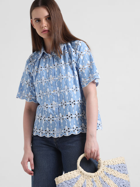 Blue Cut-Work Embroidery Shirt