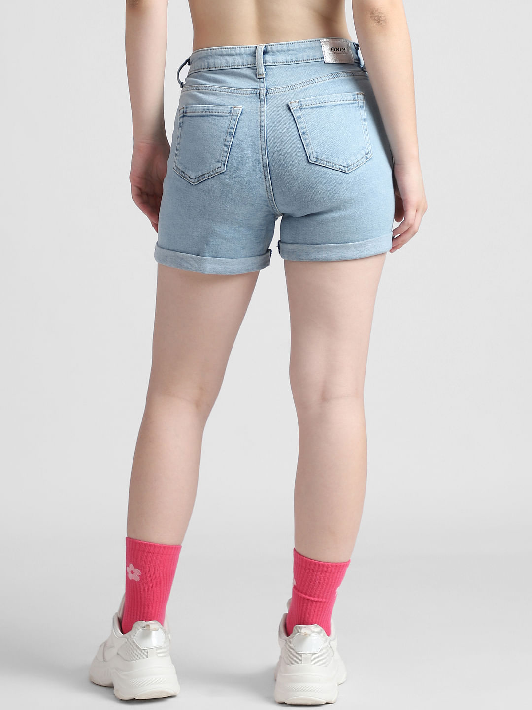 Photo of Closeup of woman in mini denim shorts with long sexy legs in high  heel shoes | Stock Image MXI33734