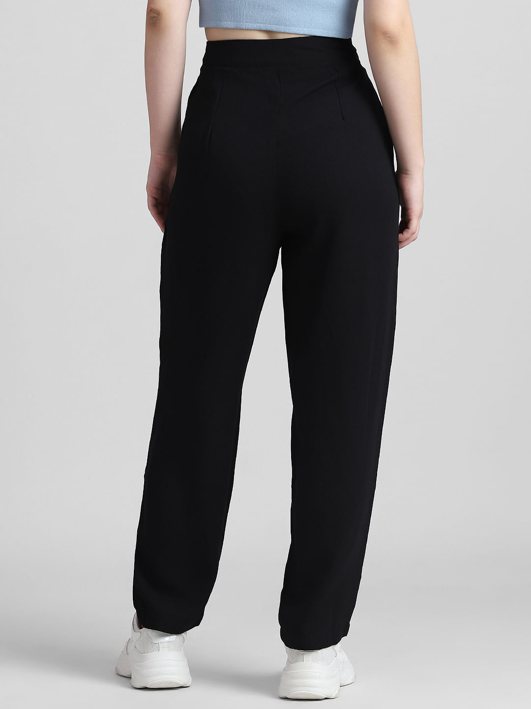 SHOWOFF Black Self Design Straight Fit Mid Rise Parallel Trousers