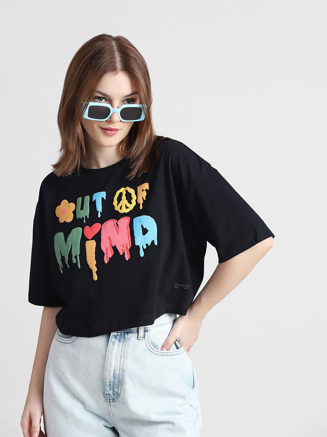 Black Printed Cropped Boxy Fit T-shirt|290056801-Anthracite